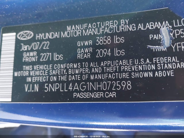 5NPLL4AG1NH072598 Hyundai ELANTRA SE
