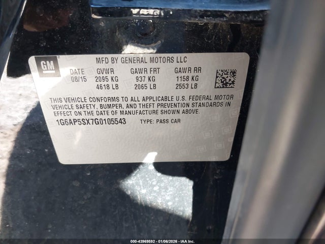 43969592 :رقم المزاد ، 1G6AP5SX7G0105543 vin ، 2016 Cadillac Cts Standard مزاد بيع