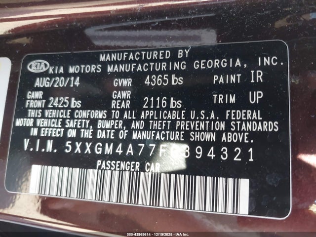 5XXGM4A77FG394321 KIA Optima Lx