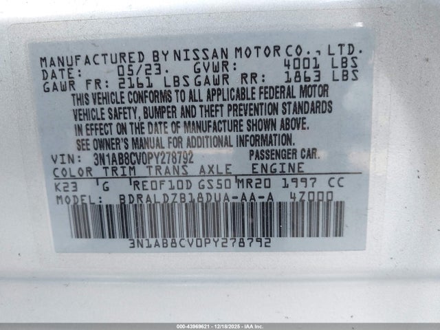 3N1AB8CV0PY278792 Nissan Sentra Sv Xtronic Cvt