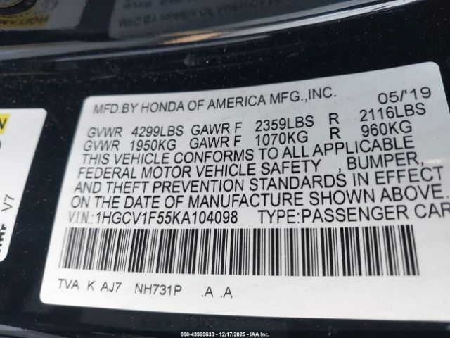 2019 HONDA ACCORD 1HGCV1F55KA104098 Photo 8