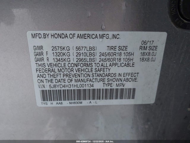 Aukcja sprzedaży 2017 Acura Mdx, vin: 5J8YD4H31HL001134, numer aukcji: 43969724