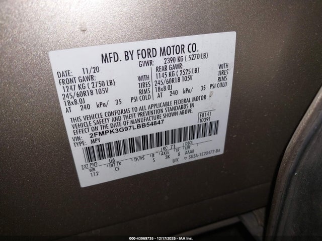 Ford EDGE SE 2020 2FMPK3G97LBB54847 Image 9
