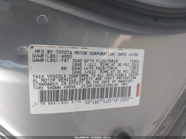 43969749 :رقم المزاد ، JTJHF10UX10188146 vin ، 2001 Lexus Rx 300 مزاد بيع