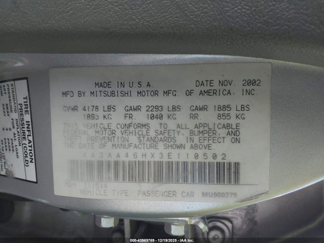 2003 MITSUBISHI GALANT 4A3AA46HX3E110502 Photo 8