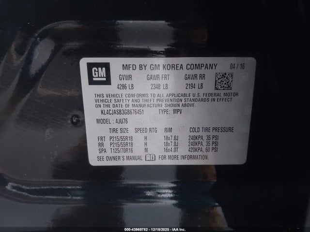 43969782 :رقم المزاد ، KL4CJASB3GB676451 vin ، 2016 Buick Encore مزاد بيع