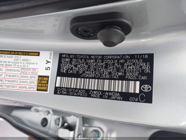 JTDKBRFU7J3081743 Toyota Prius Four/four Touring/one/three/three Touring/two/two Eco
