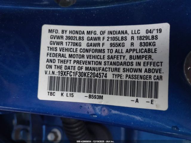 2019 HONDA CIVIC 19XFC1F30KE204574 Photo 8