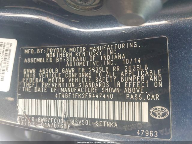 2015 TOYOTA CAMRY 4T4BF1FK2FR447440 Photo 8