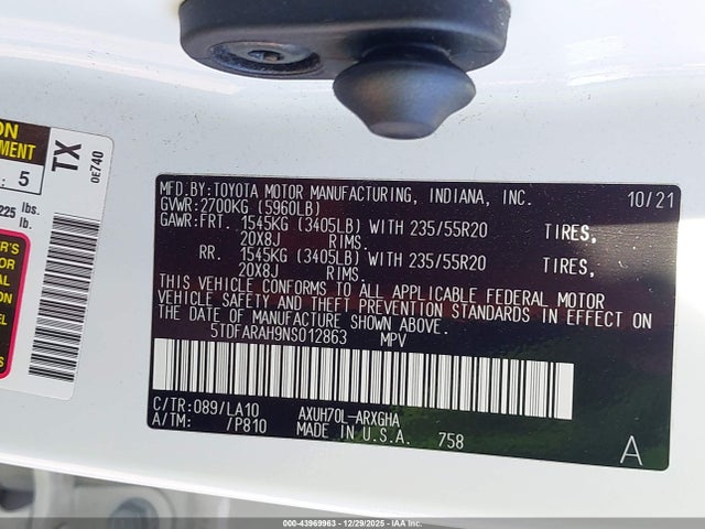 5TDFARAH9NS012863 Toyota Highlander Hybrid Platinum