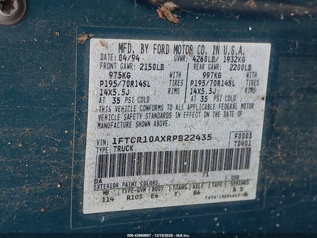 1994 Ford Ranger მანქანა იყიდება აუქციონზე, vin: 1FTCR10AXRPB22435, აუქციონის ნომერი: 43969987