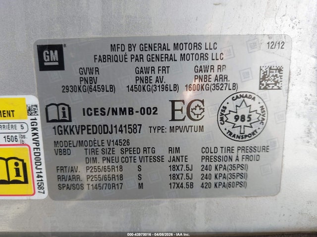 43970016 :رقم المزاد ، 1GKKVPED0DJ141587 vin ، 2013 Gmc Acadia Sle-2 مزاد بيع