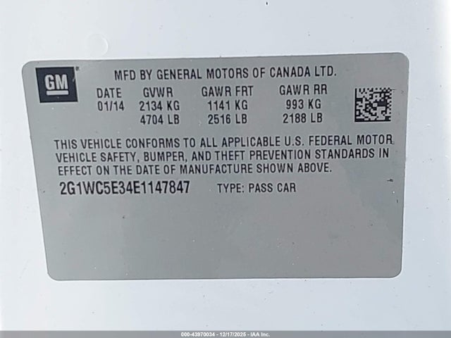 43970034 :رقم المزاد ، 2G1WC5E34E1147847 vin ، 2014 Chevrolet Impala Limited Ltz مزاد بيع