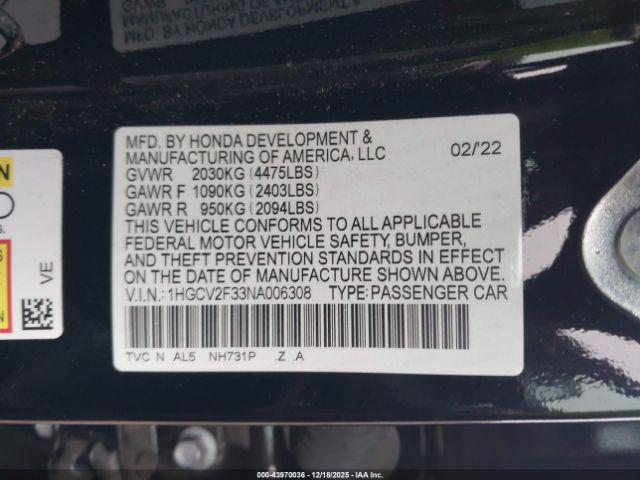 2022 HONDA ACCORD 1HGCV2F33NA006308 Photo 8
