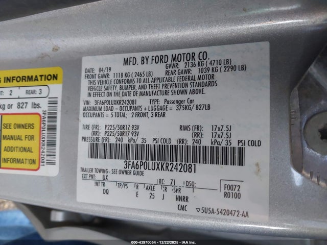 Aukcja sprzedaży 2019 Ford Fusion Hybrid Se, vin: 3FA6P0LUXKR242081, numer aukcji: 43970054