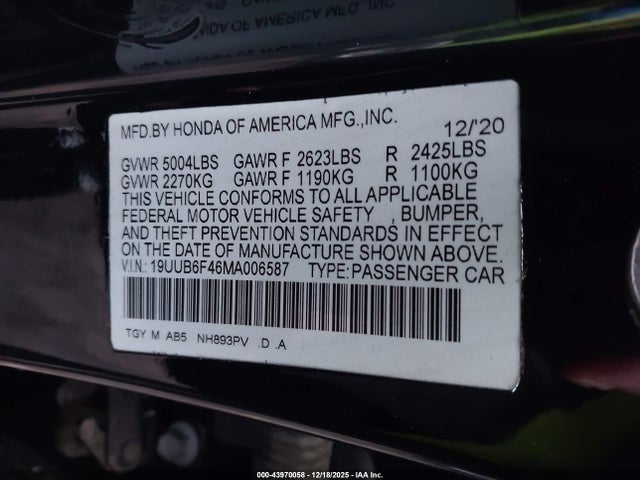 Aukcja sprzedaży 2021 Acura Tlx Technology Package, vin: 19UUB6F46MA006587, numer aukcji: 43970058