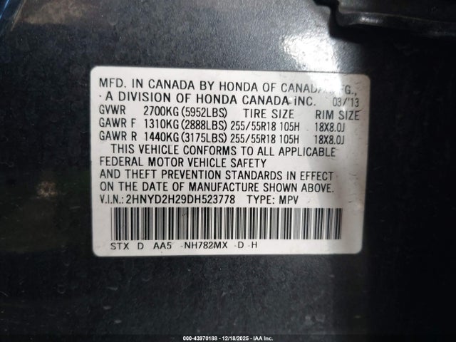 Aukcja sprzedaży 2013 Acura Mdx, vin: 2HNYD2H29DH523778, numer aukcji: 43970188