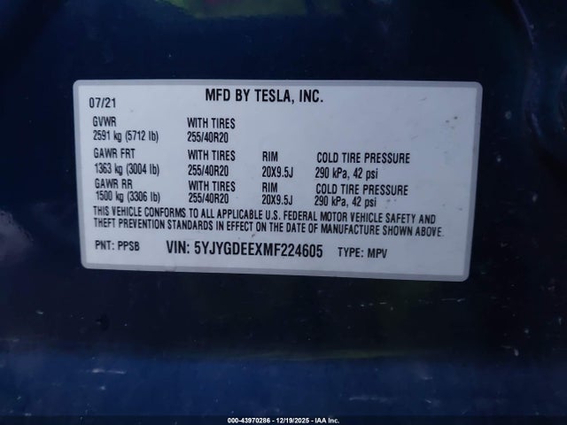 2021 TESLA MODEL Y 5YJYGDEEXMF224605 Photo 8