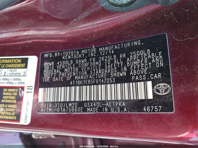 2015 Toyota Avalon Limited მანქანა იყიდება აუქციონზე, vin: 4T1BK1EB5FU147253, აუქციონის ნომერი: 43970349