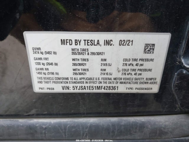 Aukcja sprzedaży 2021 Tesla Model S Long Range Dual Motor All-wheel Drive, vin: 5YJSA1E51MF428361, numer aukcji: 43970450