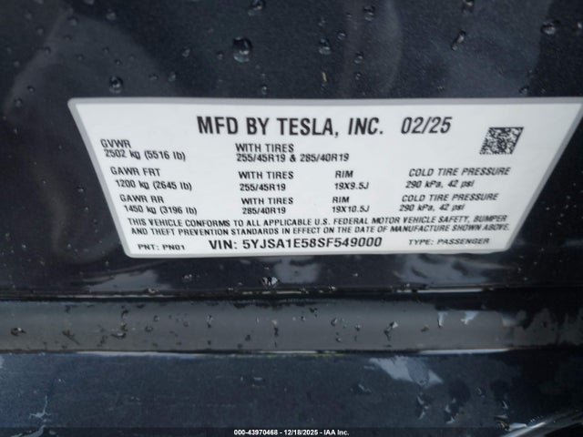 Tesla Model S Rear-wheel Drive 2025 5YJSA1E58SF549000 Image 9