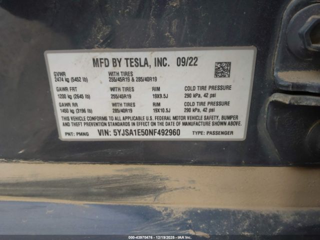 2022 TESLA MODEL S 5YJSA1E50NF492960 Photo 8