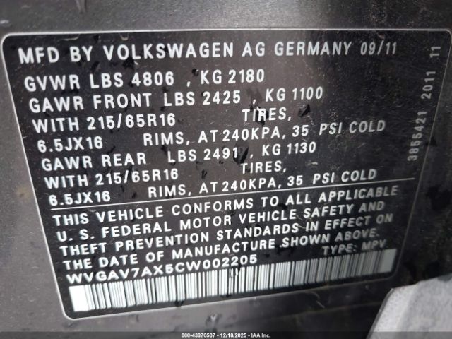 2012 VOLKSWAGEN TIGUAN WVGAV7AX5CW002205 Photo 8