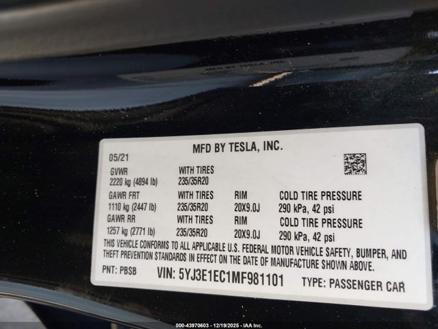 2021 TESLA MODEL 3 5YJ3E1EC1MF981101 Photo 8