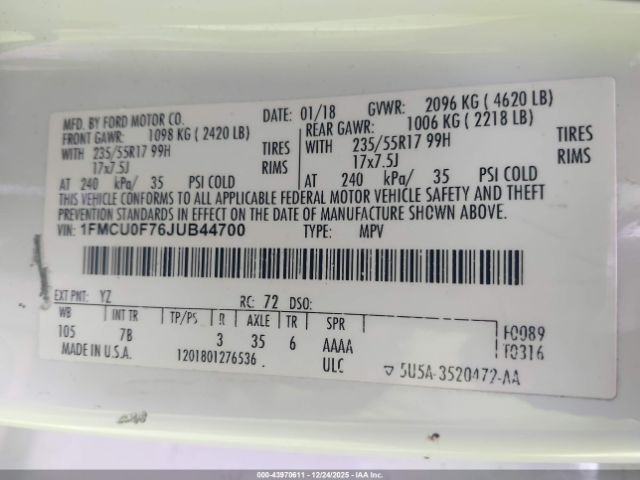 2018 FORD ESCAPE 1FMCU0F76JUB44700 Photo 8