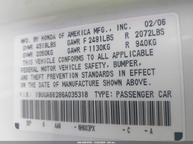 2006 ACURA TL 19UUA66286A035318 Photo 8