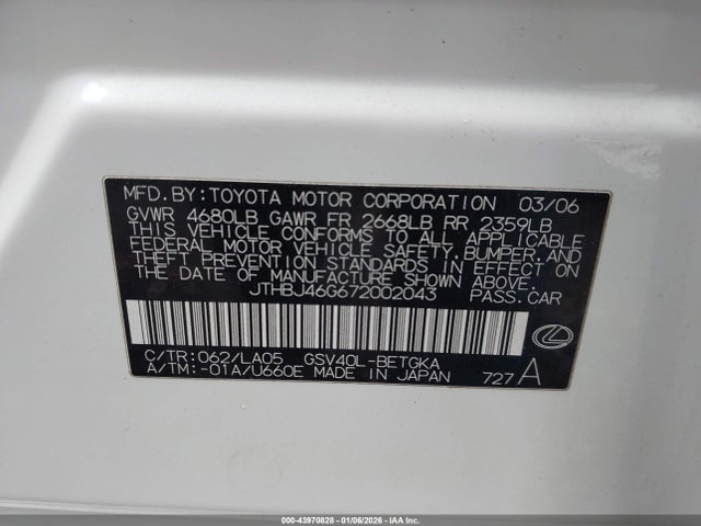 43970828 :رقم المزاد ، JTHBJ46G672002043 vin ، 2007 Lexus Es 350 مزاد بيع