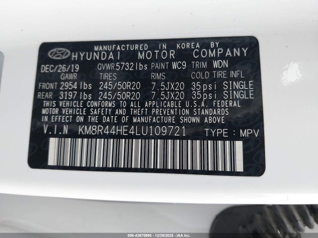 2020 Hyundai Palisade Sel მანქანა იყიდება აუქციონზე, vin: KM8R44HE4LU109721, აუქციონის ნომერი: 43970995