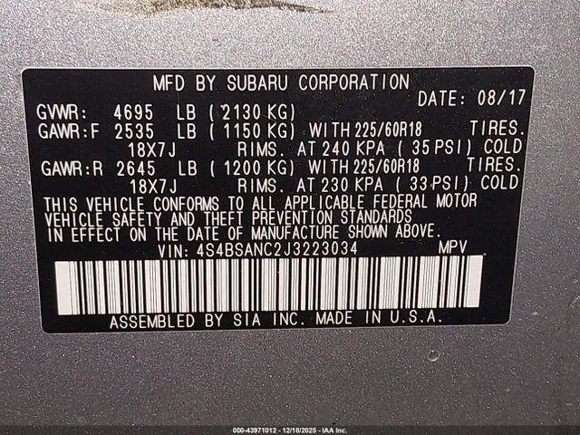 Subaru Outback 2.5i Limited 2018 4S4BSANC2J3223034 Image 9