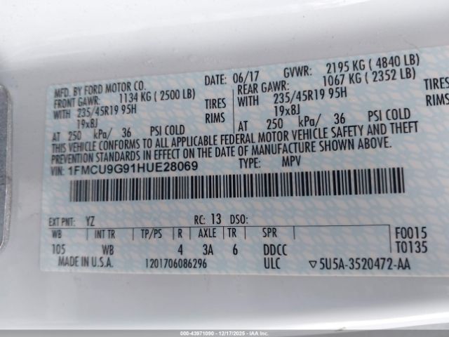 2017 FORD ESCAPE 1FMCU9G91HUE28069 Photo 8