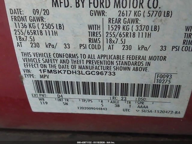 Ford EXPLORER XLT 2020 1FMSK7DH3LGC96733 Image 9