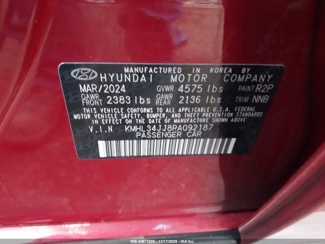 Продаж на аукціоні авто 2024 Hyundai Sonata Hybrid Sel, vin: KMHL34JJ8RA092187, номер лоту: 43971225