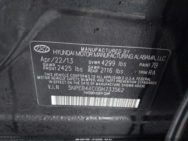 Продажа на аукционе авто 2013 Hyundai Sonata Gls, vin: 5NPEB4AC0DH733562, номер лота: 43971459