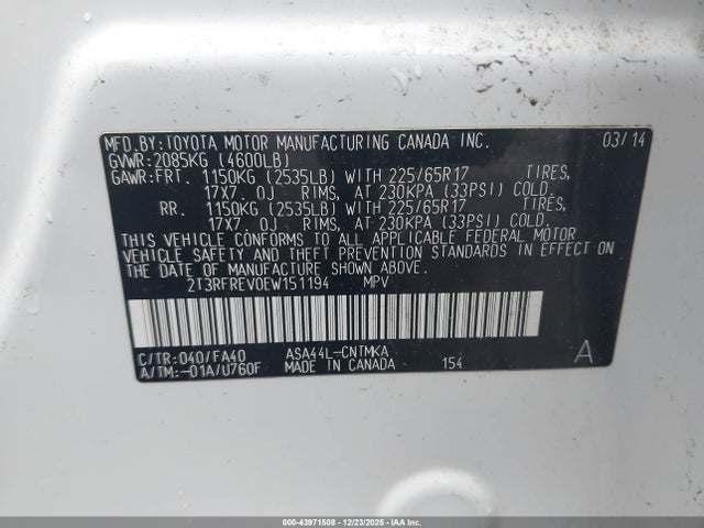 Aukcja sprzedaży 2014 Toyota Rav4 Xle, vin: 2T3RFREV0EW151194, numer aukcji: 43971508