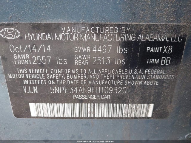 2015 Hyundai Sonata Sport მანქანა იყიდება აუქციონზე, vin: 5NPE34AF9FH109320, აუქციონის ნომერი: 43971524