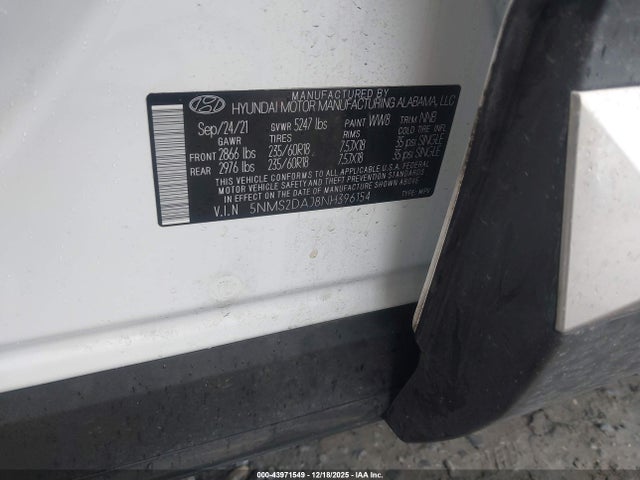 2022 Hyundai Santa Fe Sel მანქანა იყიდება აუქციონზე, vin: 5NMS2DAJ8NH396154, აუქციონის ნომერი: 43971549