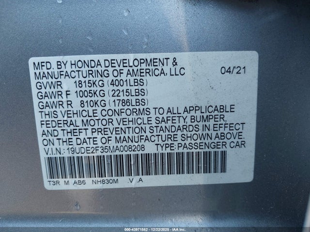 43971582 :رقم المزاد ، 19UDE2F35MA008208 vin ، 2021 Acura Ilx Standard مزاد بيع