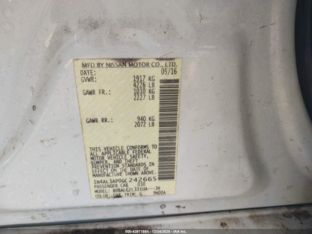 Aukcja sprzedaży 2016 Nissan Altima 2.5 S, vin: 1N4AL3AP0GC242665, numer aukcji: 43971584