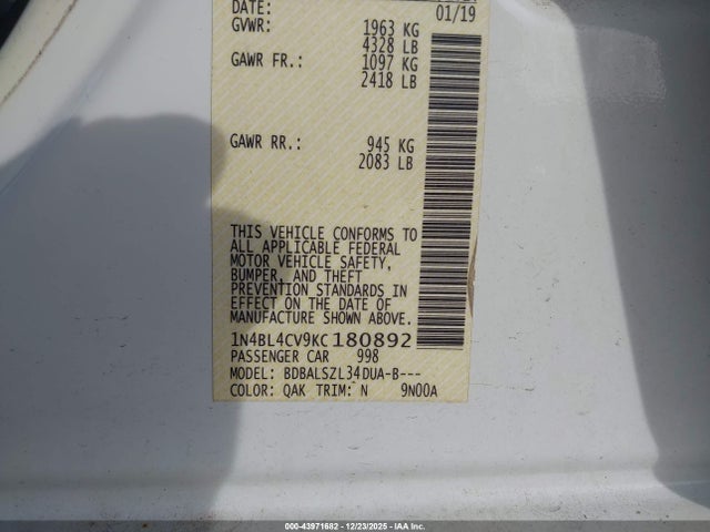 1N4BL4CV9KC180892 Nissan Altima 2.5 Sr