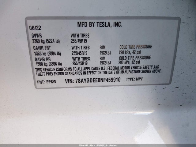 2022 TESLA MODEL Y 7SAYGDEE0NF459910 Photo 8