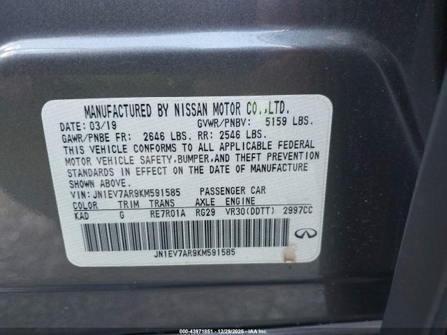 43971851 :رقم المزاد ، JN1EV7AR9KM591585 vin ، 2019 Infiniti Q50 3.0t Signature Edition مزاد بيع