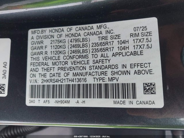 2HKRS4H21TH413616 Honda Cr-v Lx Awd
