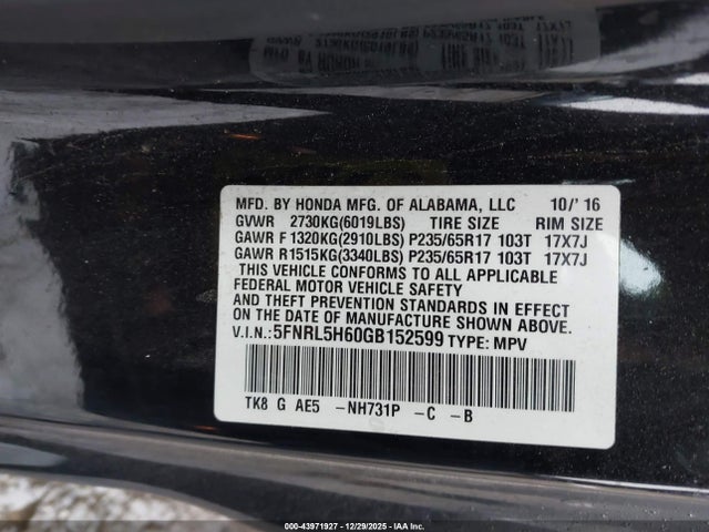 43971927 :رقم المزاد ، 5FNRL5H60GB152599 vin ، 2016 Honda Odyssey Ex-l مزاد بيع