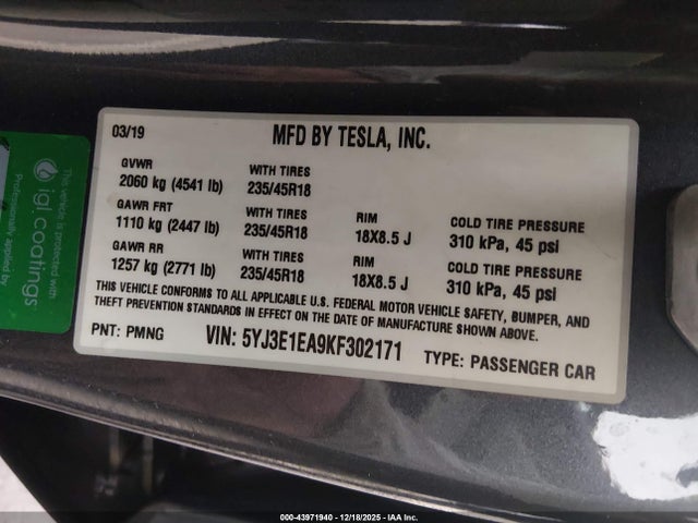 2019 TESLA MODEL 3 5YJ3E1EA9KF302171 Photo 8