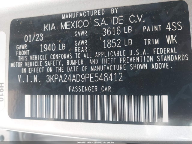 43971958 :رقم المزاد ، 3KPA24AD9PE548412 vin ، 2023 Kia Rio S مزاد بيع