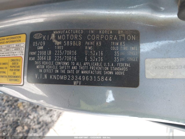 2009 Kia Sedona Lx მანქანა იყიდება აუქციონზე, vin: KNDMB233496315844, აუქციონის ნომერი: 43971997